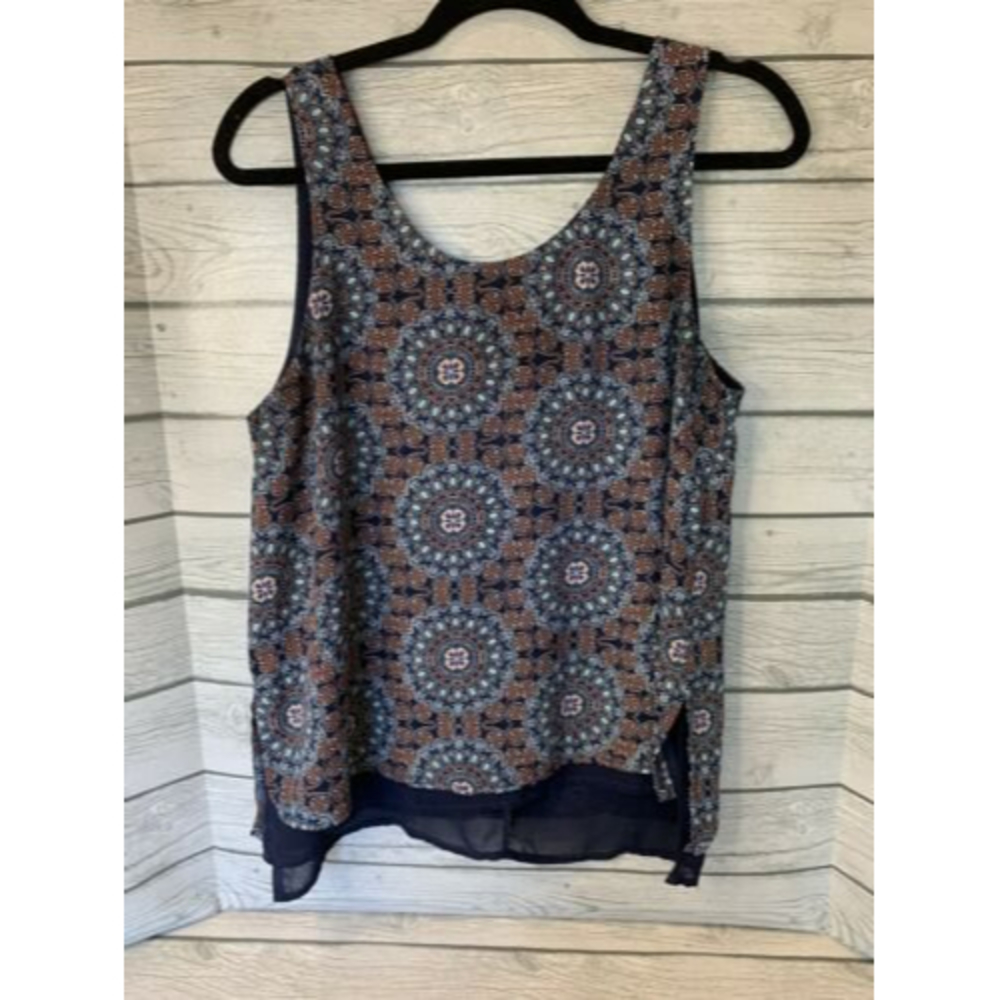 LUSH Top Medium Sleeveless Tank Top Shirt Lined Blue Geometric Boho Cami